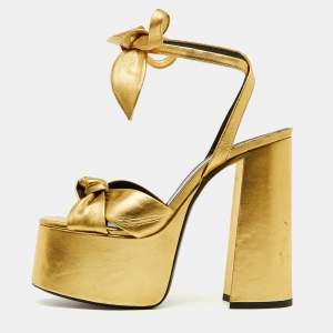 Pre Owned Saint Laurent Gold Leather Bianca Platform Sandals Size 38.5