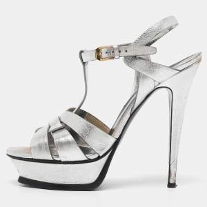 Saint Laurent Silver Leather Tribute Platform Sandals Size 40