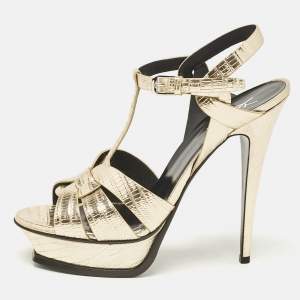 Saint Laurent Gold Lizard Embossed Leather Tribute Ankle Strap Sandals Size 41