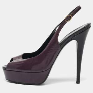 Saint Laurent Purple Patent Leather Peep Toe Platform Slingback Pumps Size 39 