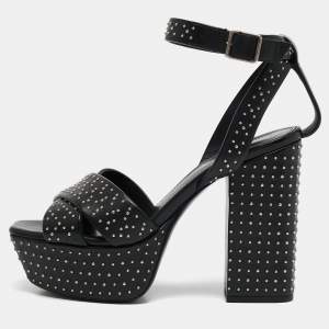 Saint Laurent Black Leather Studded Farrah Criss Cross Platform Sandals Size 36