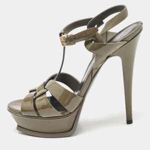Saint Laurent Olive Green Patent Leather Tribute Platform Sandals Size 38