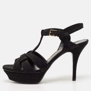Saint Laurent Black Suede and Quartz Glitter Tribute Platform Sandals Size 37.5