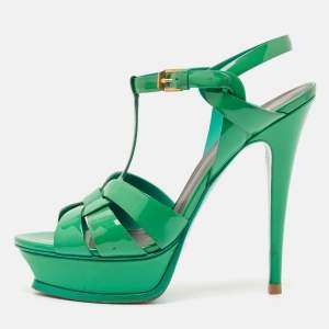 Saint Laurent Green Patent Tribute Platform Sandals Size 39