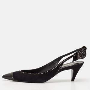 Saint Laurent Black Leather and Suede Charlotte Studded Slingback Pumps Size 39.5
