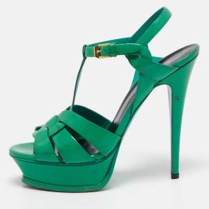 Saint Laurent Green Patent Leather Tribute Sandals Size 39