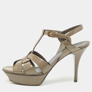 مملوكة مسبقًا Saint Laurent Grey Patent Leather Tribute Platform Sandals Size 39