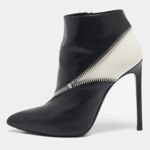 Saint Laurent Black/White Leather Zip Detail Ankle Length Boots Size 36