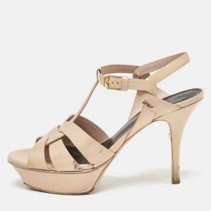 Saint Laurent Beige Patent Leather Tribute Ankle Strap Sandals Size 38