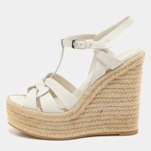 Saint Laurent White Leather Tribute Wedge Espadrille Sandals Size 37.5