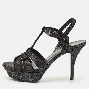 مملوكة مسبقًا Saint Laurent Black/Silver Suede Tribute Sandals Size 36
