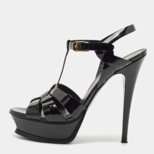 Saint Laurent Black Patent Leather Tribute Platform Sandals Size 38
