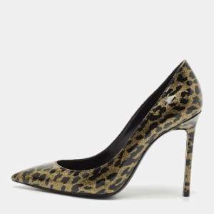 Saint Laurent Black/Gold Animal Print Patent Leather Anja Pointed Toe Pumps Size 38