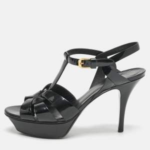 Saint Laurent Black Patent Leather Tribute Platform Sandals Size 38.5