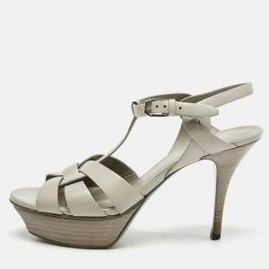 Saint Laurent Light Grey Leather Tribute Platform Sandals Size 37.5