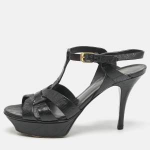 Saint Laurent Black Croc Embossed Leather Tribute Platform Sandals Size 37.5