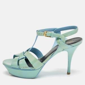 Saint Laurent Blue Patent Leather Tribute Platform Sandals Size 39