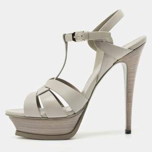 Saint Laurent Light Grey Leather Tribute Ankle Strap Sandals Size 39.5