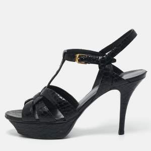 Saint Laurent Black Croc Embossed Leather Tribute Platform Sandals Size 38.5