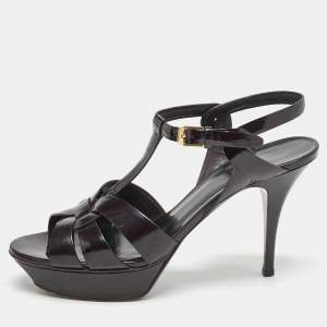 Saint Laurent Dark Burgundy Patent Leather Tribute Platform Sandals Size 41