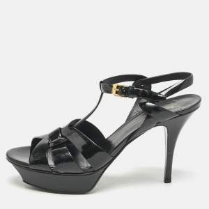 Saint Laurent Black Patent Leather Tribute Ankle Strap Sandals Size 40.5