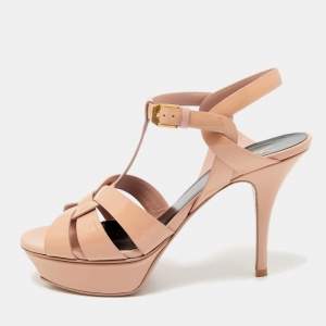 Saint Laurent Beige Patent Leather Tribute Ankle Strap Sandals Size 38