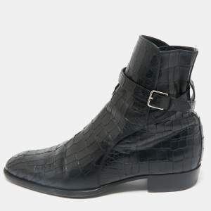 Saint Laurent Black Croc Embossed Leather Wyatt Ankle Length Boots Size 41.5