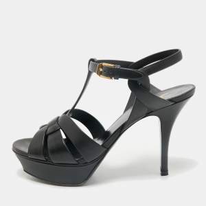 Saint Laurent Black Leather Tribute Platform Sandals Size 37.5