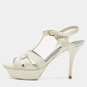 Saint Laurent White Leather Tribute Ankle Strap Sandals Size 37.5