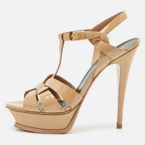 Saint Laurent Beige Patent Leather Tribute Platform Sandals Size 38.5
