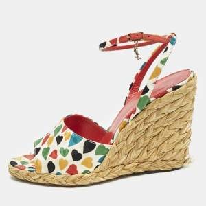 Saint Laurent Multicolor Fabric Raffia Wedge Sandals Size 37