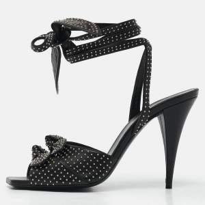 Saint Laurent Black Leather Pearls Embellished Ankle Wrap Sandals Size 40