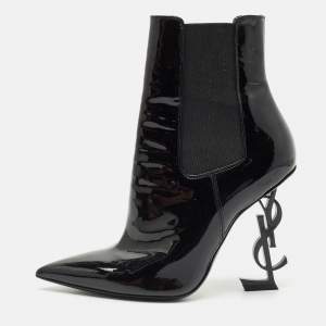Saint Laurent Black Patent Leather Opyum Pointed Toe Ankle Boots Size 37