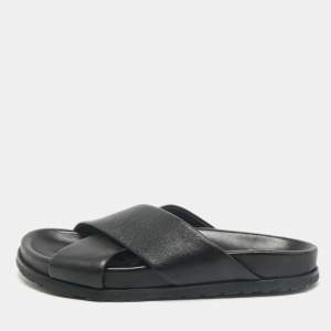 Saint Laurent Black Leather Crisscross Flat Slides Size 39