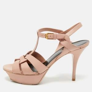 Saint Laurent Beige Leather Tribute Platform Sandals Size 37.5