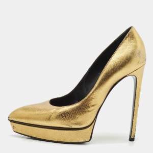 Saint Laurent Gold Leather Pointed Toe Janis Platform Pumps Size 40