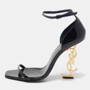 Saint Laurent Black Patent Leather Opyum Ankle Strap Sandals Size 40.5