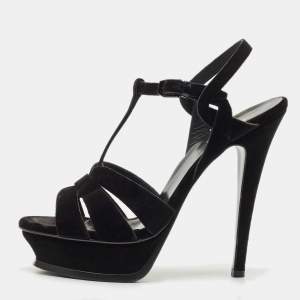 Saint Laurent Black Velvet Tribute Platform Sandals Size 40