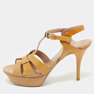 Saint Laurent Beige Patent Leather Tribute Platform Sandals Size 39.5