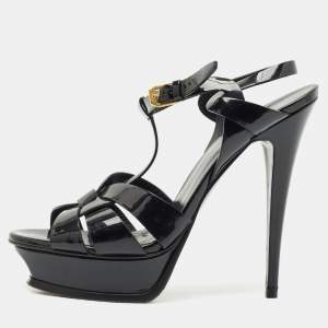 Saint Laurent Black Patent Leather Tribute Ankle Strap Sandals Size 40