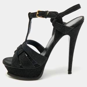 Saint Laurent Paris Black Glitter and Suede Tribute Platform Sandals Size 37.5