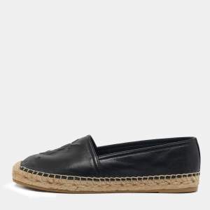 Saint Laurent Black Leather Logo Espadrille Flats Size 37