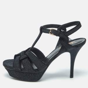 Saint Laurent Black Suede Quartz Tribute Ankle Strap Sandals Size 37