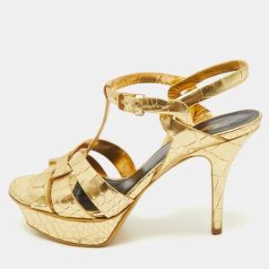 Saint Laurent Gold Croc Embossed Leather Tribute Ankle Strap Sandals Size 38.5