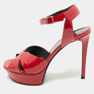 Saint Laurent Red Patent Leather Ankle Strap Platform Sandals Size 36