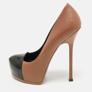 Saint Laurent Beige/Black Patent and Leather Tribtoo Platform Pumps Size 39.5
