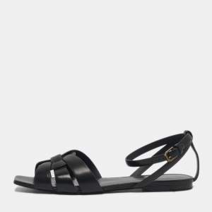Pre Owned Saint Laurent Black Leather Tribute Flat Sandals Size 39.5