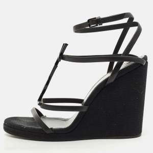 Saint Laurent Black Leather Cassandra Wedge Strappy Sandals Size 39