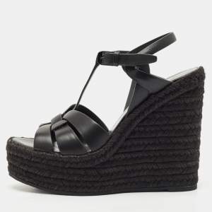 Saint Laurent Black Leather Tribute Wedge Espadrille Sandals Size 37.5
