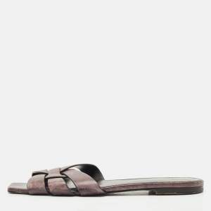 Pre Owned Saint Laurent Burgundy Leather Tribute Flat Slides Size 40
